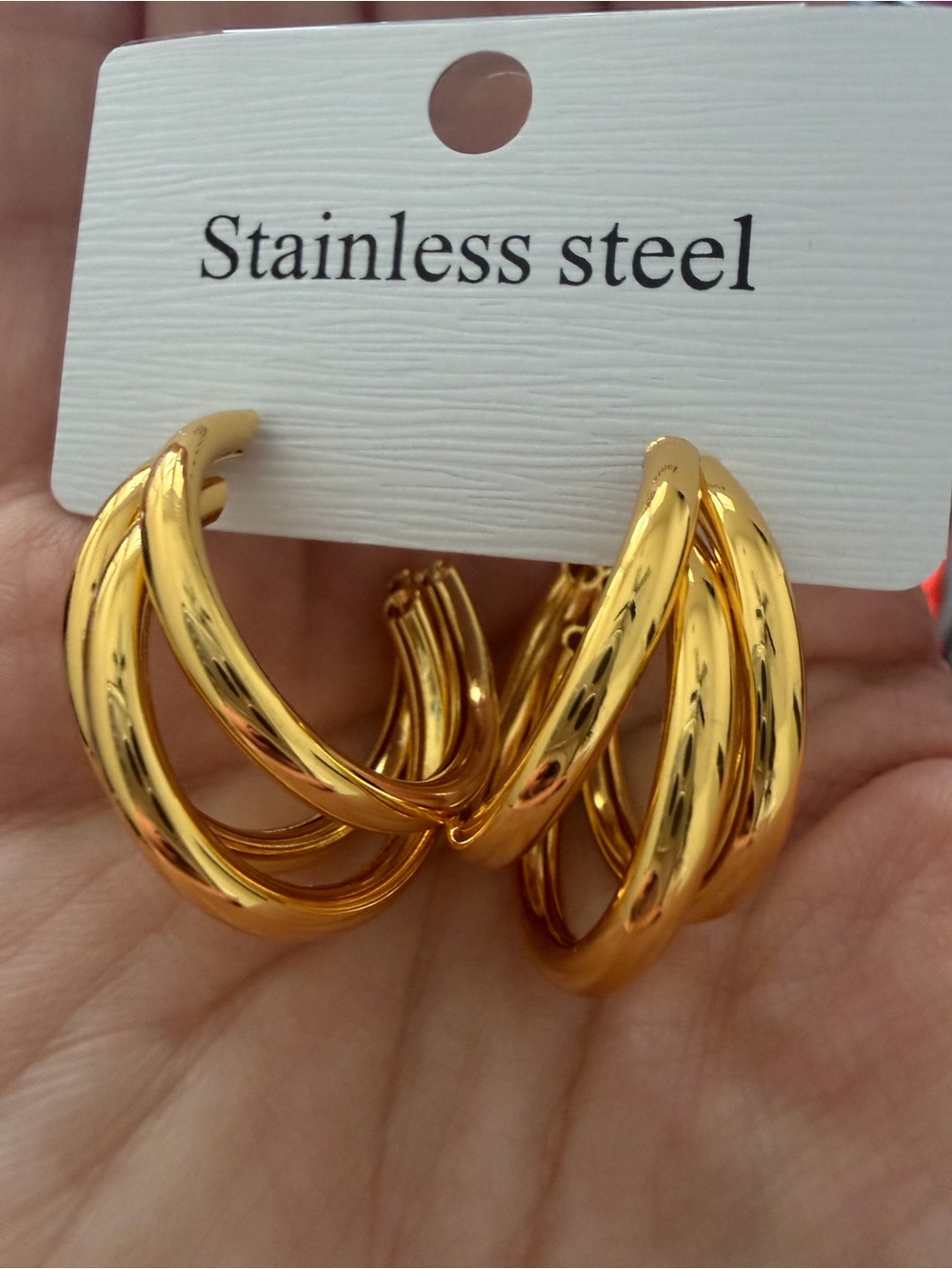 Gold Triple-Loop Hoop Earrings for Women - Polished Gold Finish - Picture 2 of 5